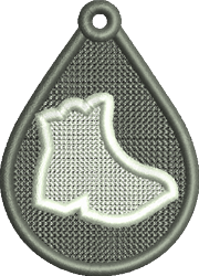 FSL boot outline with a textured grey drop-shaped background and white stitching, showcasing modern minimalism.