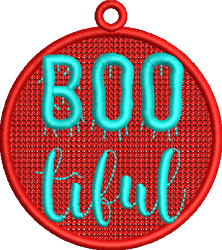 FSL decorative text design 'BOOtiful' in playful blue and teal on a red circular background for Halloween.