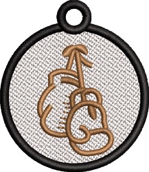 FSL boxing gloves outlined in brown thread, centered in a black circular frame on a textured neutral background.