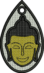 FSL Buddha face in bright yellow with black outline, teardrop shape, modern and artistic design.