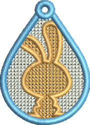 FSL bunny silhouette in golden color with a light blue teardrop shape, on a textured silver background for Easter.