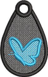FSL blue butterfly with a bold black outline in a teardrop shape, set against a black mesh background.