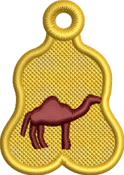 FSL camel tag featuring a brown camel stitched on a vibrant yellow background with a whimsical looped shape.