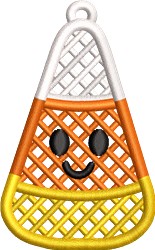 FSL candy corn with a smiling face in vibrant orange, yellow, and white. Playful Halloween decoration.