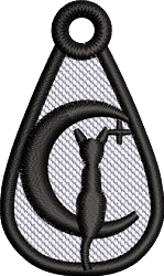 FSL black cat silhouette against a crescent moon, bold outline, teardrop shape, hanging loop.