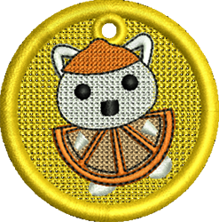 FSL cat design featuring a playful white cat with an orange hat, holding an orange slice against a vibrant yellow background.