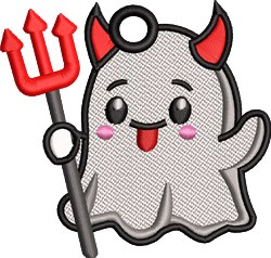 FSL cheerful ghost with red devil horns and a mischievous smile, holding a trident, perfect for Halloween.