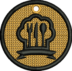 FSL chef tools emblem featuring a playful chef's hat, black outlines, gold background, and utensils like a fork, knife, and s