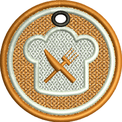 FSL chef's hat with a vibrant round shape, flanked by cartoonish knife and fork, set against a textured background.