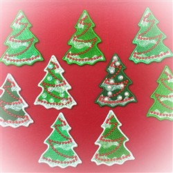 FSL Christmas trees in vibrant green adorned with red ribbons and embellishments, creating a festive holiday display.