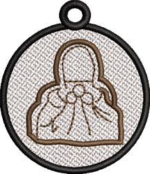 FSL circular bag with simple brown embroidery on a cream background, featuring a minimalistic design.