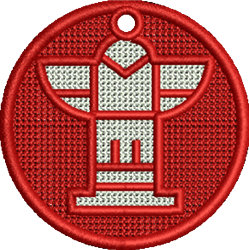 FSL circular emblem with a bold red background and a prominent white geometric icon at the center.