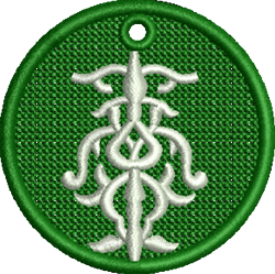 FSL circular emblem featuring detailed white embroidery on a vibrant green background, creating a striking abstract design.