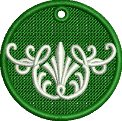 FSL ornamental design features a circular shape with white embroidery on a vibrant green background.