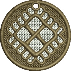 FSL decorative embroidery patch featuring a textured circular form, intricate geometric patterns, and a gold lace border.