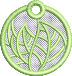 FSL circular leaf design with intricate leafy patterns, soft green hues, and a delicate hanging loop.