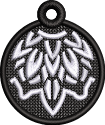 FSL circular pendant with abstract design in intricate white embroidery against a black background.