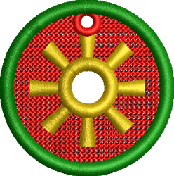 FSL circular sunburst design with vibrant red background, green border, and yellow accents for a decorative touch.