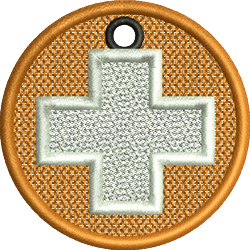 FSL cross symbol surrounded by an orange circular patch with a textured background.