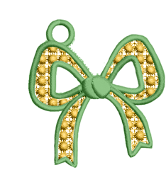 FSL decorative bow in vibrant green with gold accents and hanging loop, perfect for cheerful decor.