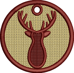 FSL deer head with elegant antlers in a circular burgundy frame against a textured golden background, perfect for holiday dec