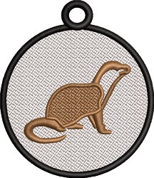 FSL dinosaur framed in playful brown tones, set against a light, textured background with a circular black border.