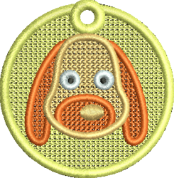 FSL dog face with brown outlines and blue eyes on a bright yellow background. Playful and cheerful design.