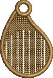 FSL drop-shaped embroidery tag with brown textured base, white stripes, and hanging loop for versatile decoration.