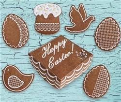 FSL Easter-themed decorations featuring a chocolate egg, chick, dove, and cupcake with 'Happy Easter!' text.