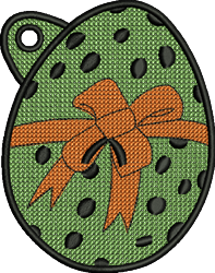 FSL Easter egg with a colorful green surface, dotted with holes, and a vibrant orange ribbon tied in a bow.