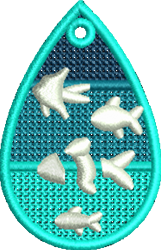 FSL fish teardrop filled with colorful fish patterns against a blue-green textured background.