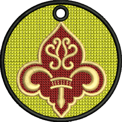 FSL fleur-de-lis with a vibrant red symbol on a bright yellow backdrop, framed by a bold black edge.