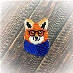 FSL fox head with orange fur, stylish glasses, and a blue scarf, set against a warm wooden background.