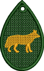 FSL fox silhouette in yellow over a textured green background, featuring vibrant contrast and a teardrop shape.