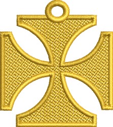 FSL geometric cross in gold features defined edges and a subtle sheen, showcasing traditional embroidered art.
