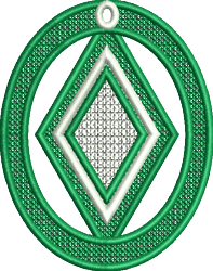 FSL geometric diamond shape featuring intricate green oval frame with white accents and shiny surface.