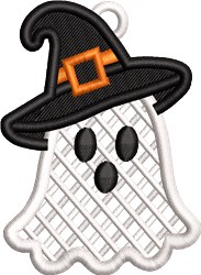 FSL ghost with a whimsical black witch hat featuring an orange buckle, perfect for Halloween decor.