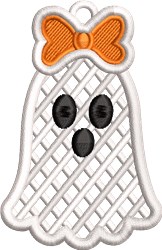 FSL ghost with playful black eyes and a bright orange bow, perfect for whimsical Halloween decorations.