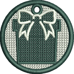 FSL gift box adorned with a white bow, enclosed in a circular border, featuring a textured green background.