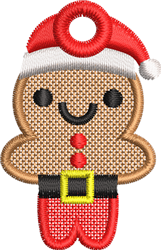 FSL gingerbread man wearing a red Santa hat and black belt, cheerful and festive for Christmas.