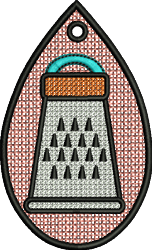 FSL grater with a silver body, bright orange handle, teal top, and a textured pink background, playful kitchen decor.