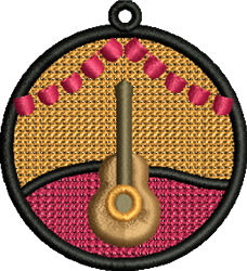 FSL guitar with warm brown tones, framed in vibrant golden yellow and pink, decorated with pink beads.