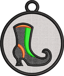 FSL black boot with colorful orange and green accents, framed in a circular design for Halloween.