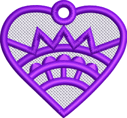 FSL heart shape lace design in vibrant purple featuring geometric patterns with arches and towers.