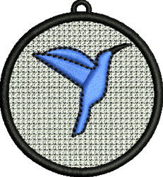 FSL hummingbird in vibrant blue inside a black circular frame against a textured grey background.