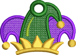 FSL jester hat in vibrant purple and green with a golden crown and playful yellow pom-poms, perfect for Mardi Gras.