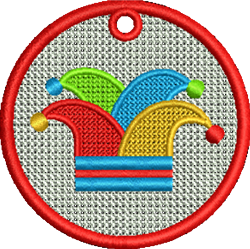 FSL jester hat with colorful points in blue, green, red, and yellow, framed by a playful red circular band.