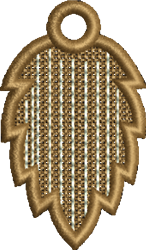 FSL leaf-shaped tag with textured golden-brown stripes and hanging loop, perfect for decorative use.