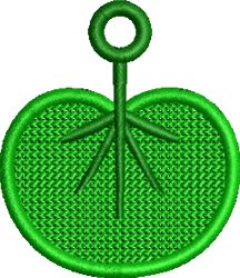 FSL leaf symbol in bright green features a circular shape with a central stem and woven texture, playful and vibrant.