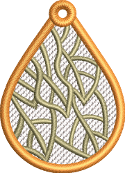 FSL embroidery tag featuring a teardrop shape with an orange border, green leaf design, and textured background.